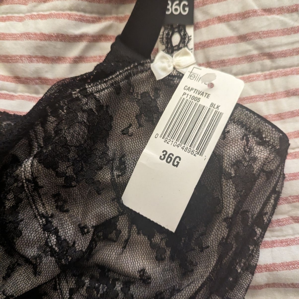 BNWT Felina Bra 36G and matching xxl panty.  Black with beige unlining